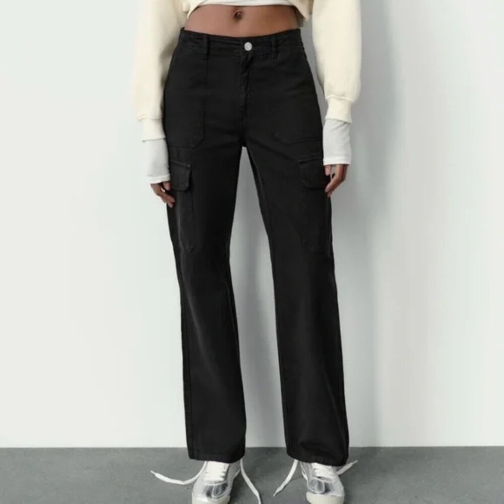 Zara | TRF Straight Cargo Wide Leg Pants Jeans in Black Size 6